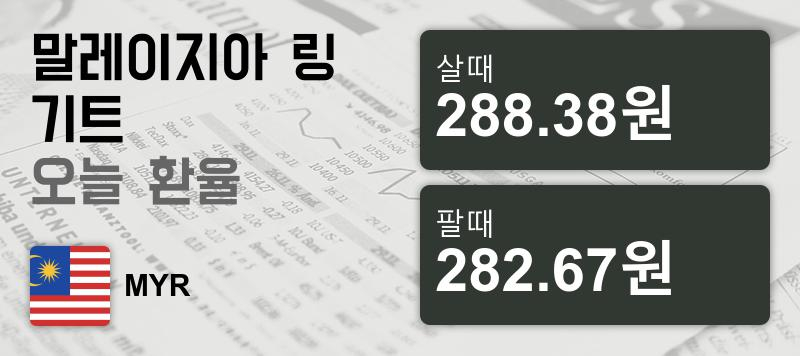 말레이시아 11일 링기트화 환율 살때 288.38원, 팔때 282.67원 ▲0.32%상승