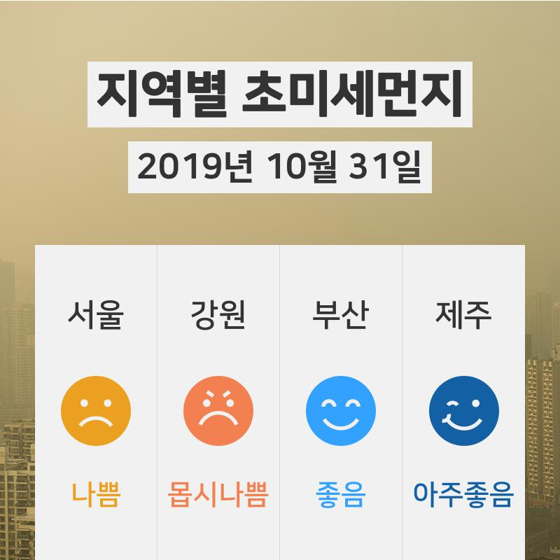 10월 31일 18시 기준 전국 초미세먼지 정보 ... 서울 초미세먼지 '나쁨'