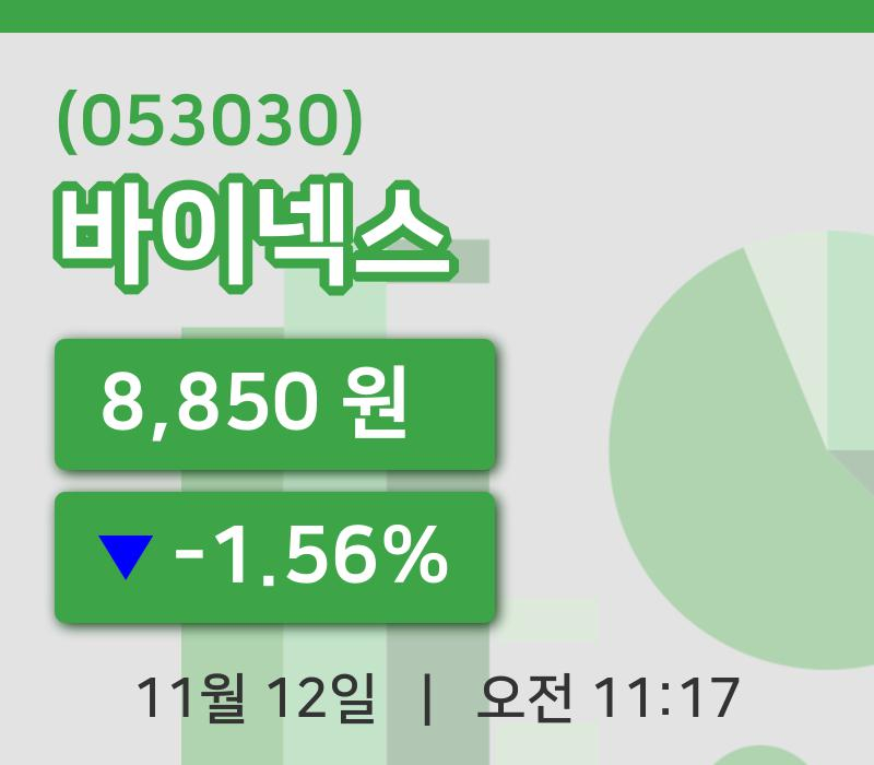 [바이넥스주가] 12일 11시 17분 현재 8,850원