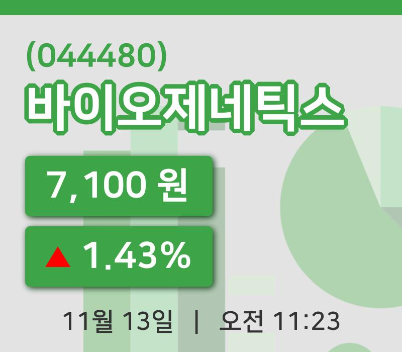 [바이오제네틱스주가] 13일 11시 23분 현재 7,100원
