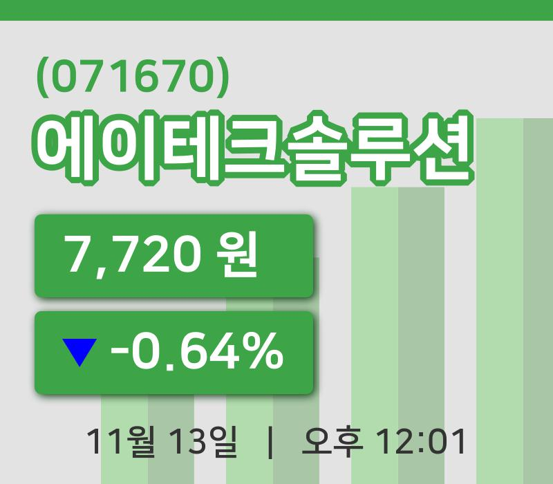 [에이테크솔루션주가] 12시 01분 현재 7,720원