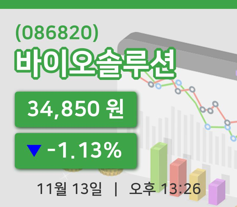 [바이오솔루션주가] 13일 이시각 현재  34,850원
