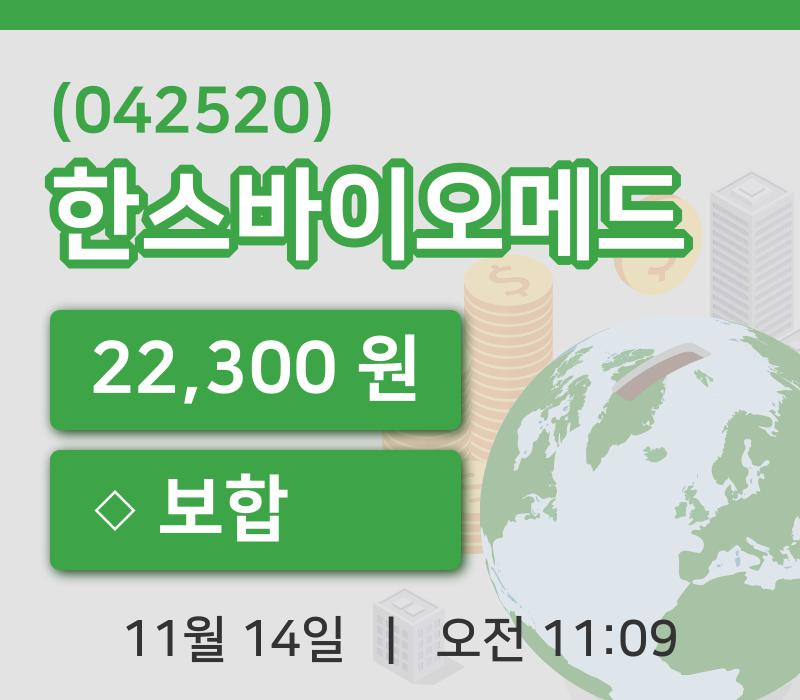 [한스바이오메드주가] 11시 09분 현재 22,300원