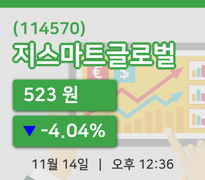 [지스마트글로벌주가] 14일 12시 36분 현재 523원