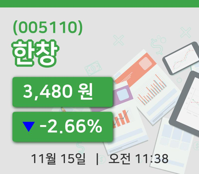 [한창주가] 15일 이시각 현재  3,480원