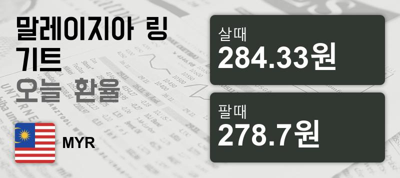 말레이시아 15일 링기트화 환율 살때 284.33원, 팔때 278.7원 ▲0.15%상승