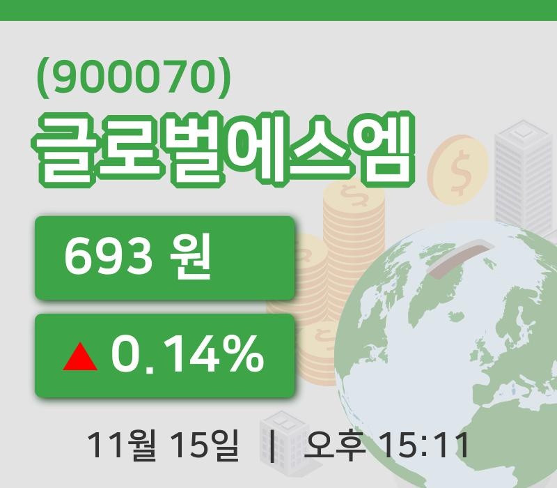 [글로벌에스엠주가] 15일 15시 11분 현재 693원