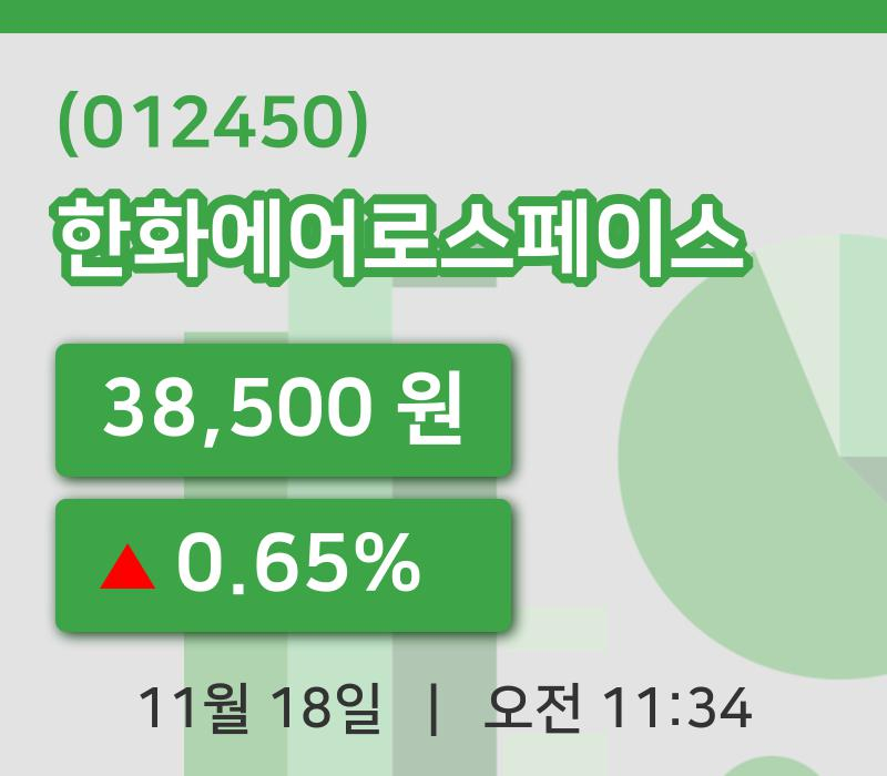 [한화에어로스페이스주가] 11시 34분 현재 38,500원