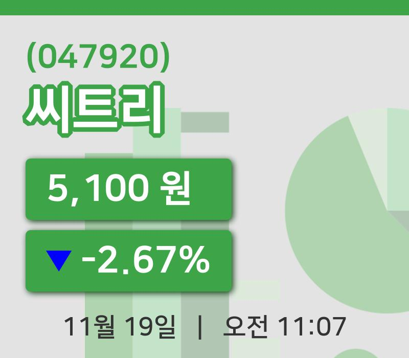 [씨트리주가] 19일 이시각 현재  5,100원