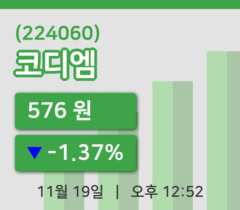 [코디엠주가] 19일 12시 52분 현재 576원