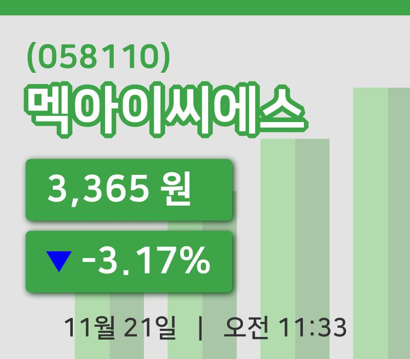 [멕아이씨에스주가] 21일 11시 33분 현재 3,365원