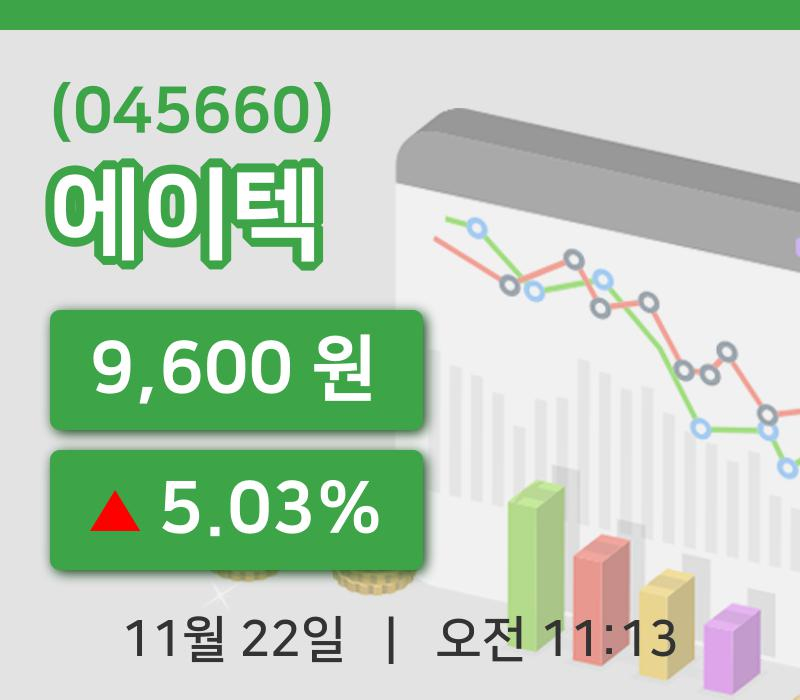 [에이텍주가] 22일 이시각 현재  9,600원