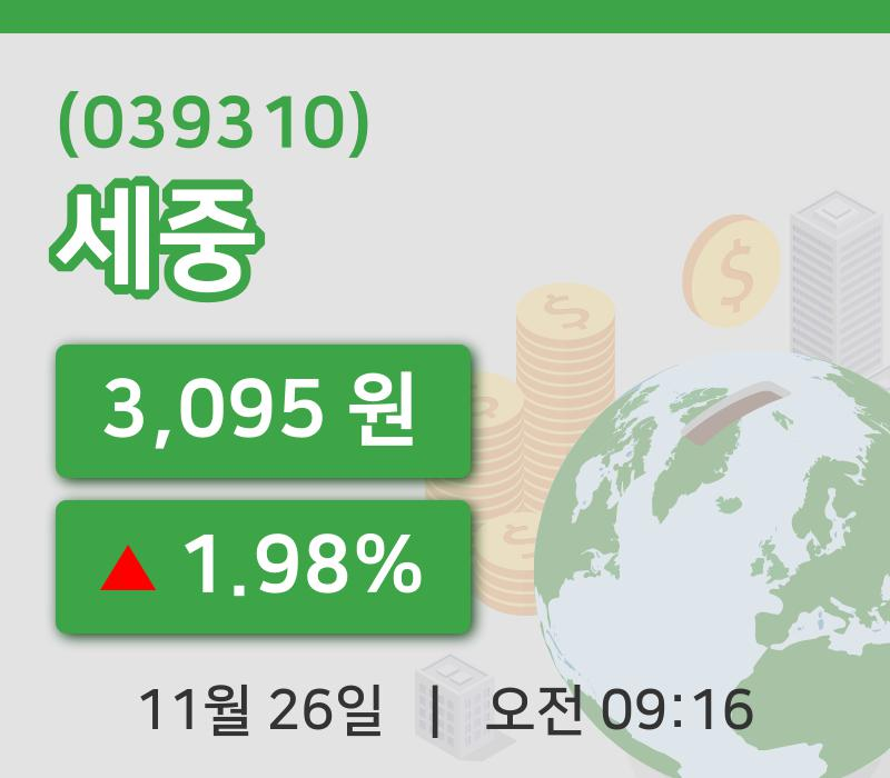 [세중주가] 26일 9시 16분 현재 3,095원